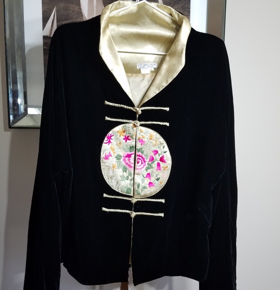Vintage Grace Chaung NY Black Velvet Silk Embroidered Jacket Sz Large - Picture 1 of 4